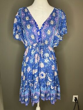 SEA LUSTRE Blue Floral V-Neck Drawstring Tie-Waist Soft Lightweight Dress - S/M